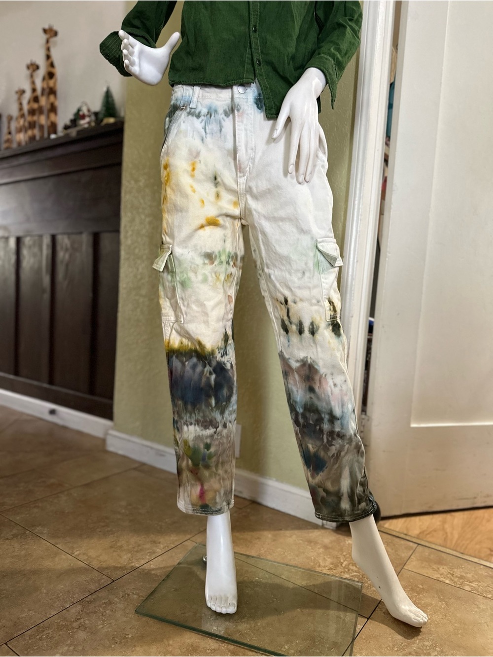 Universal Thread White Canvas Cargo Pants with Green Tie-Dye Accents